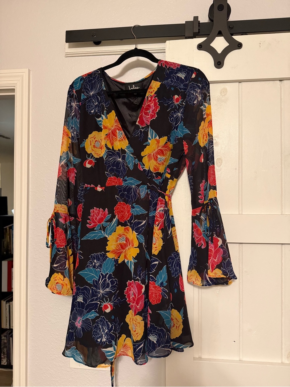 Lulu's Black Floral Wrap Dress with Yellow, Red & Teal Blooms
